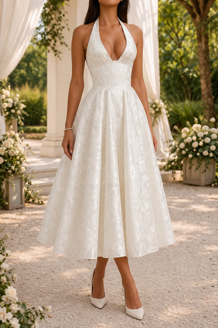 Chic women's halter neck midi dress, featuring a fitted waist, ideal for wedding guests, cocktails & evening parties.