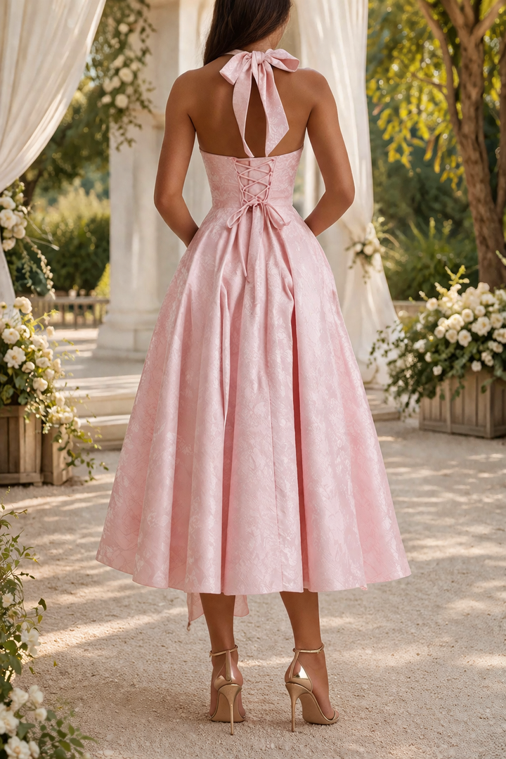 Stylish women's midi dress for wedding guests, with a sleek halter neck and defined fitted waist, for evening wear.