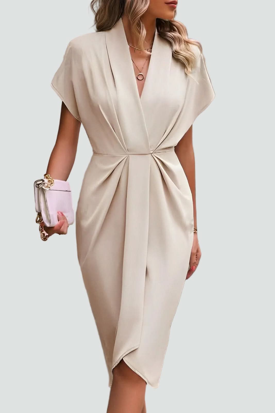 Flattering fit elegant women's wrap midi dress, a chic solid color option for any party or event.