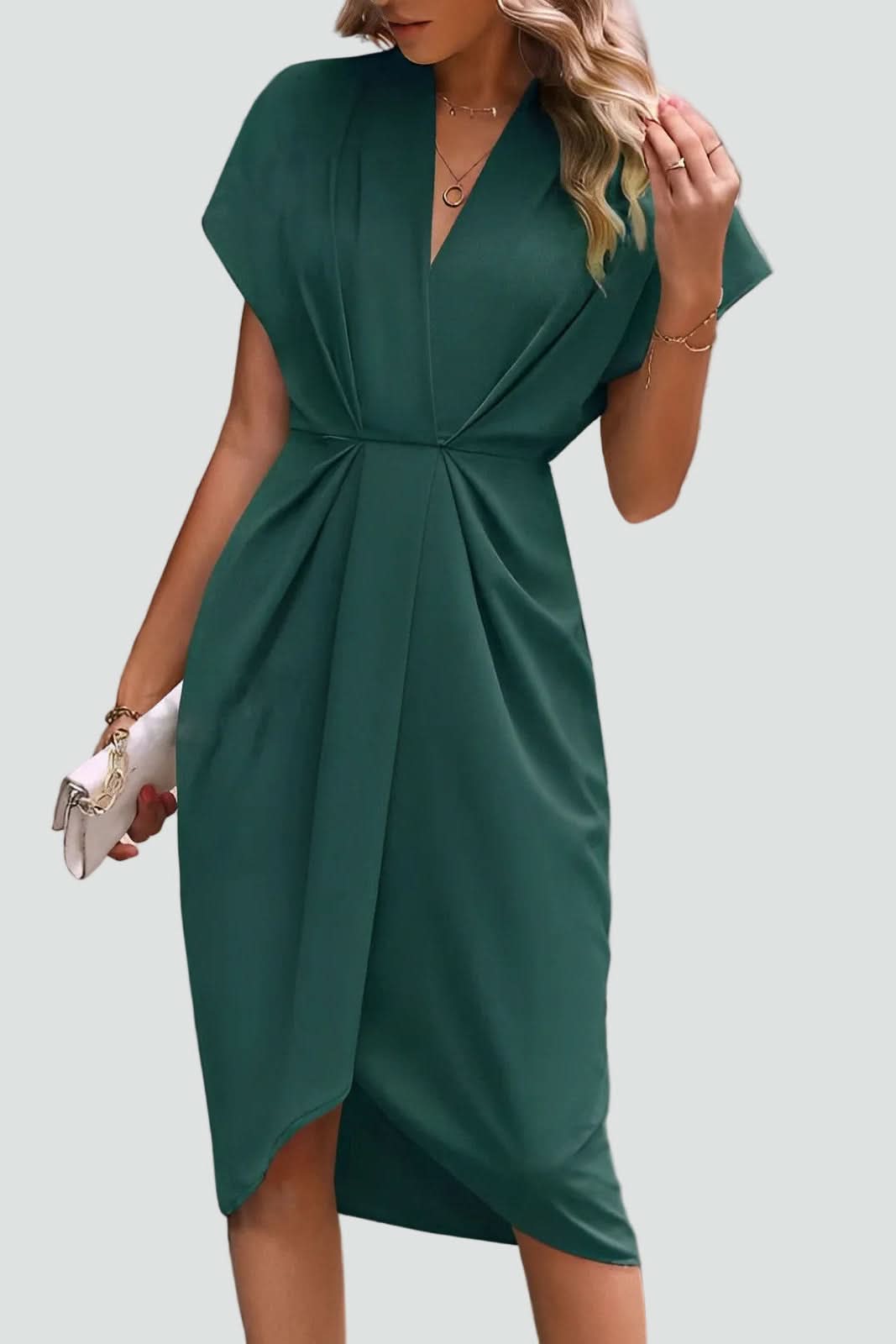 V-neck midi wrap dress for women, designed for a flattering fit & elegant silhouette, solid color.