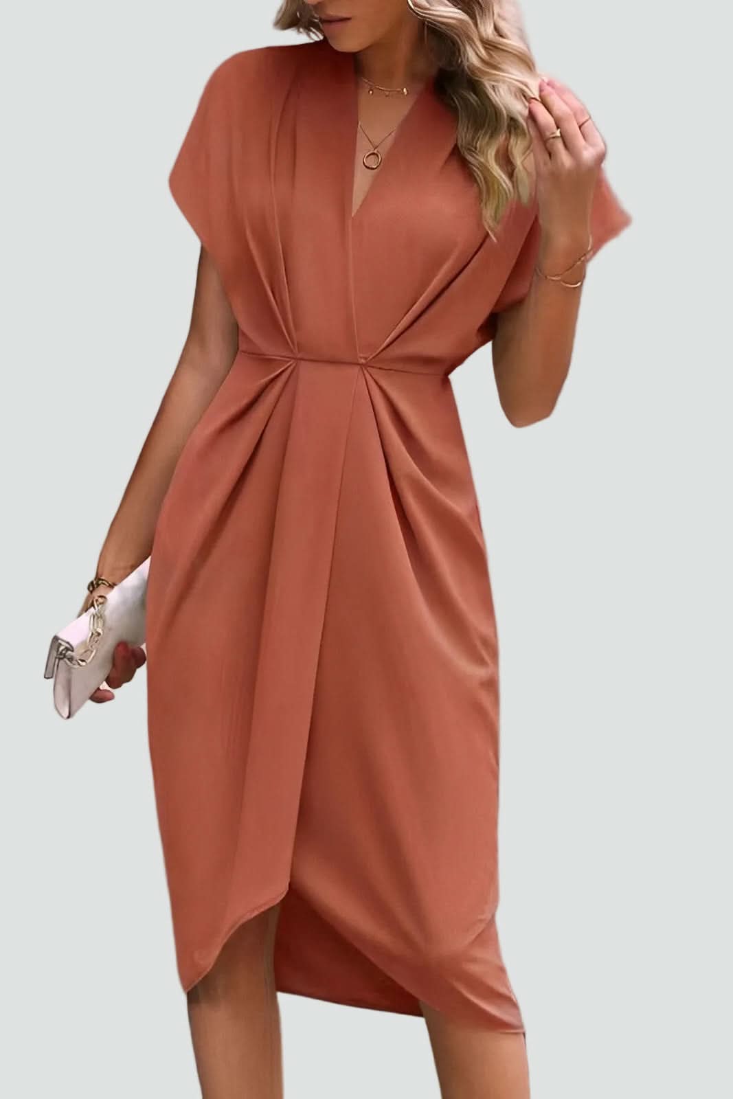 Versatile solid color elegant midi wrap dress, a go-to women's dress for day-to-evening wear.