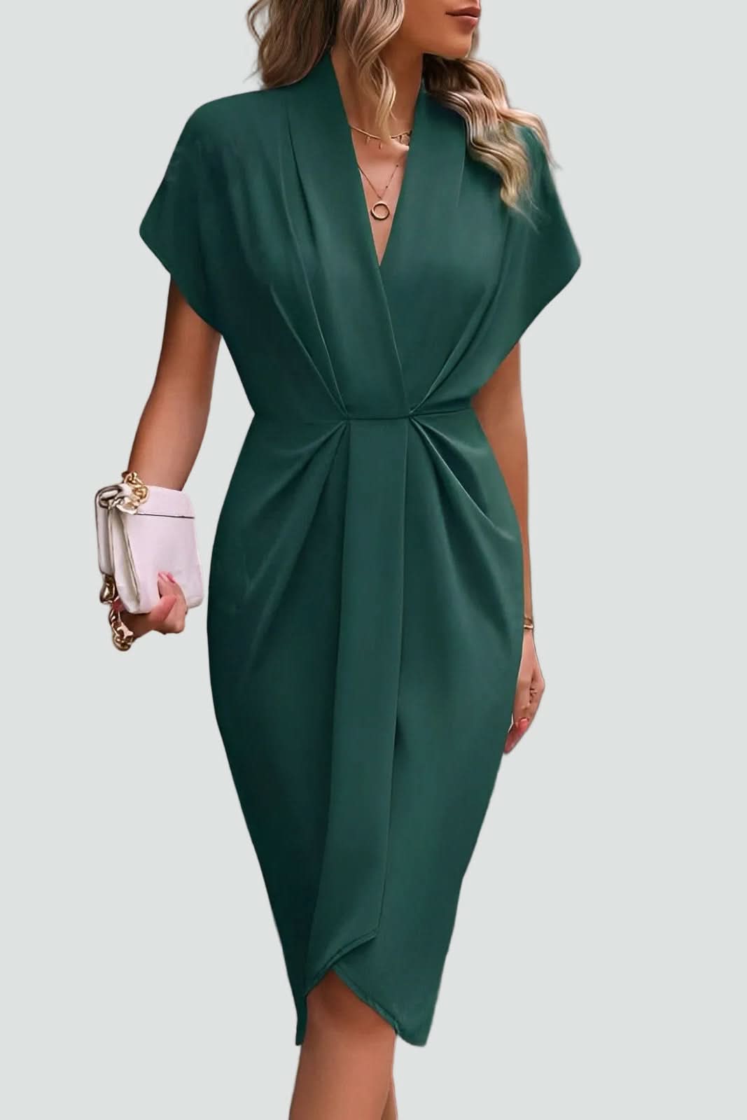 Feminine elegant women's midi wrap dress, a stylish V-neck choice for parties & formal events.