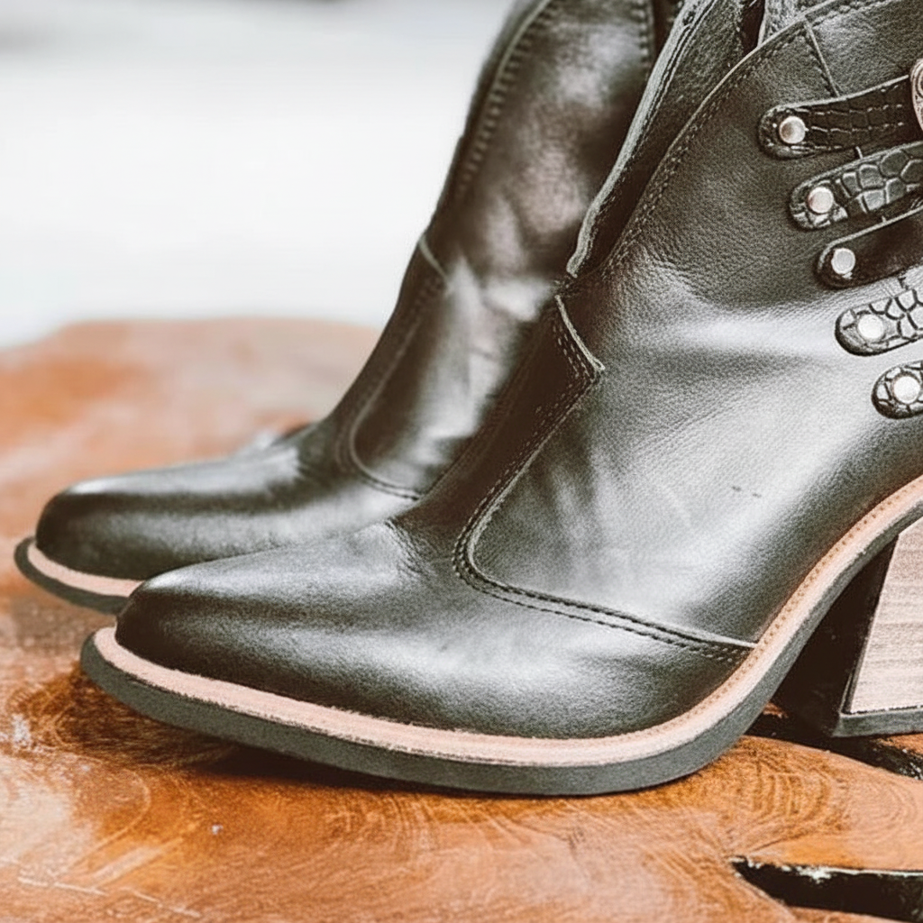 Close-up of a women's Mila heeled ankle boot, showcasing synthetic leather texture and elegant design.