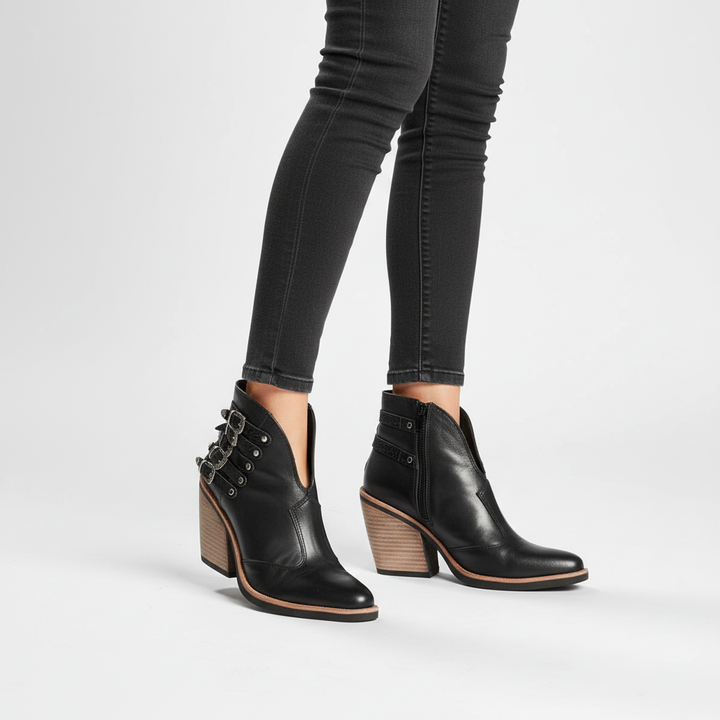 Pair of black women's Mila heeled ankle boots, a fashionable and comfortable footwear choice.