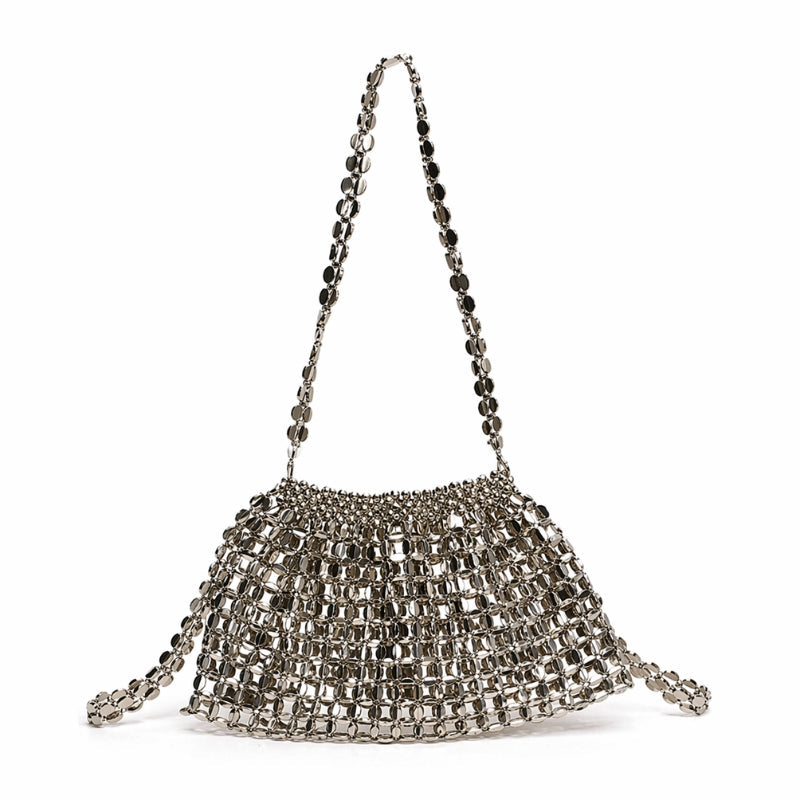 Elegant women's mirrored mesh shoulder bag, perfect for evening events & parties. Chic metallic glitter purse.