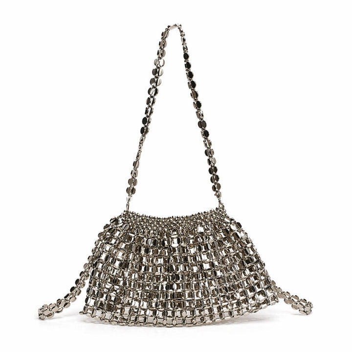 Elegant women's mirrored mesh shoulder bag, perfect for evening events & parties. Chic metallic glitter purse.