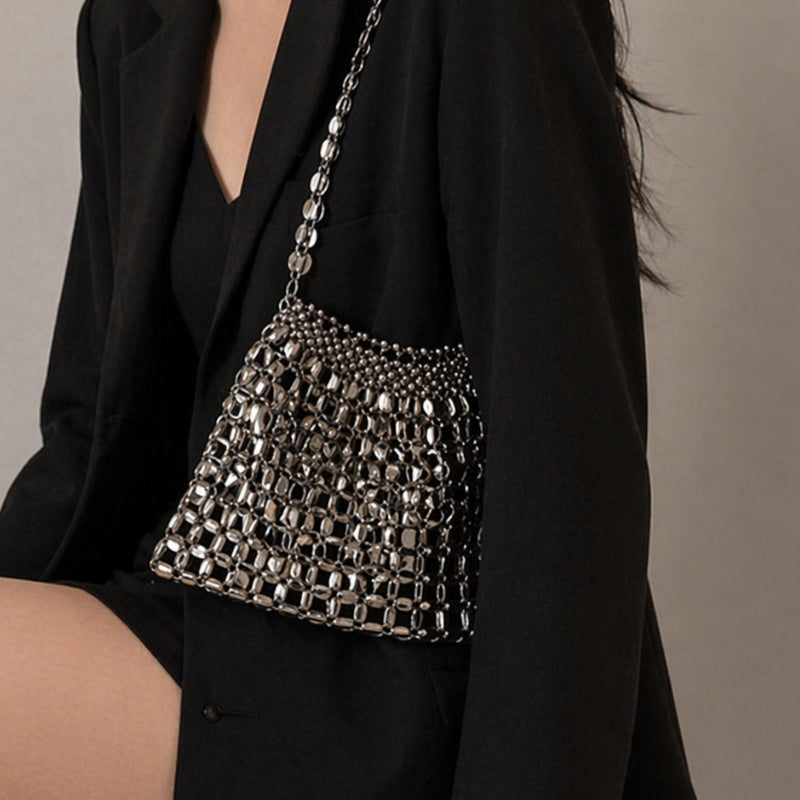 Glamorous women's metallic mesh shoulder bag, a stunning glitter evening bag & party purse for a statement look.