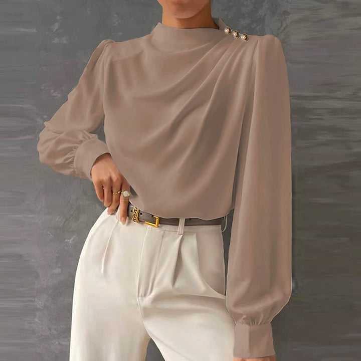 Elegant women's mock neck long sleeve blouse with stylish ruching, perfect for sophisticated office wear.