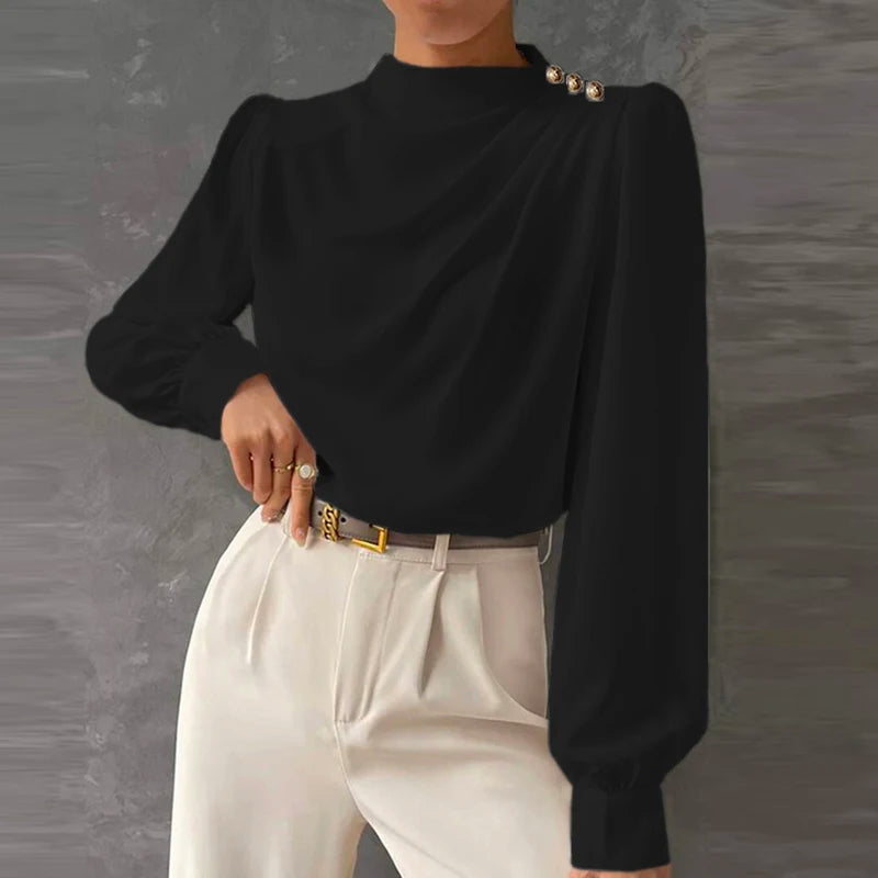 Sophisticated women's long sleeve top with a mock neck & elegant ruching, a versatile addition to your wardrobe.