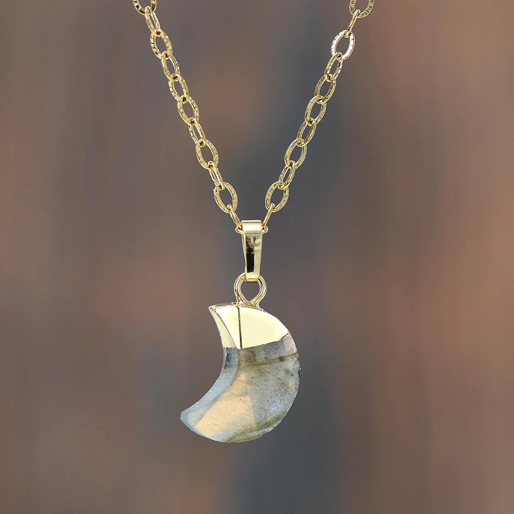 Elegant women's Moonstone healing crystal necklace, a spiritual gemstone for well-being.