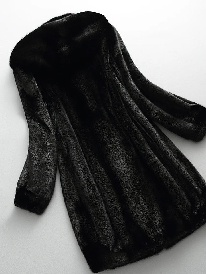 Plush Napoli long winter coat for women. Luxurious, warm outerwear, ideal for elegant cold weather style.