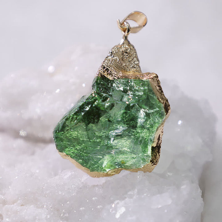 Woman wearing a Natural Moldavite necklace, an exquisite cosmic green gemstone pendant for spiritual style.