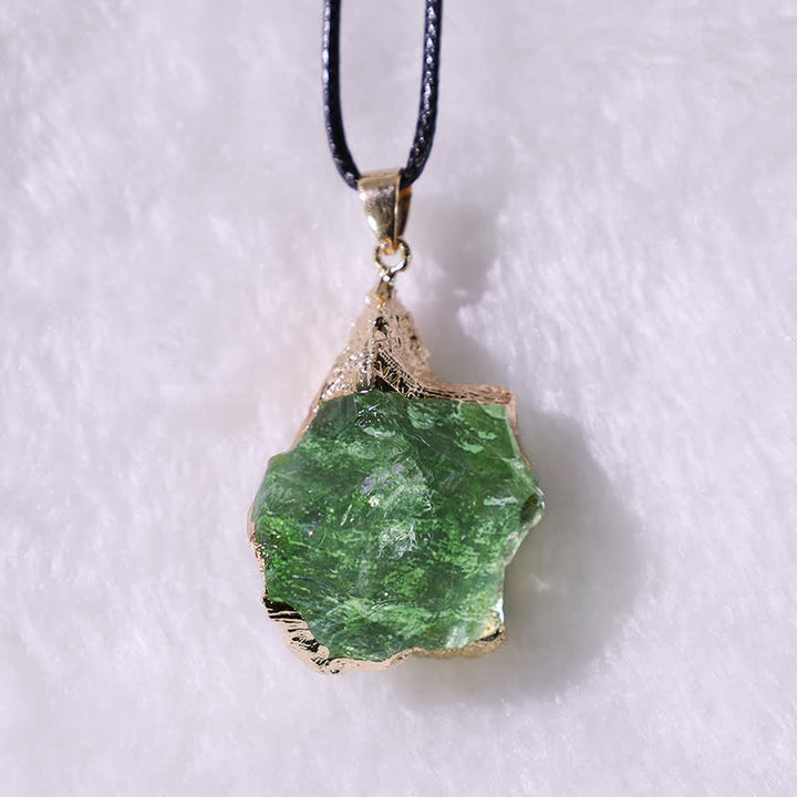 Detailed view of a Women's Natural Moldavite necklace, cosmic green gemstone for spiritual elegance.