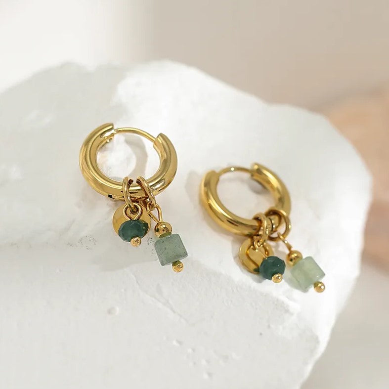 Elegant women's natural stone gold hoop earrings with unique design, perfect for a chic fashion accessory.