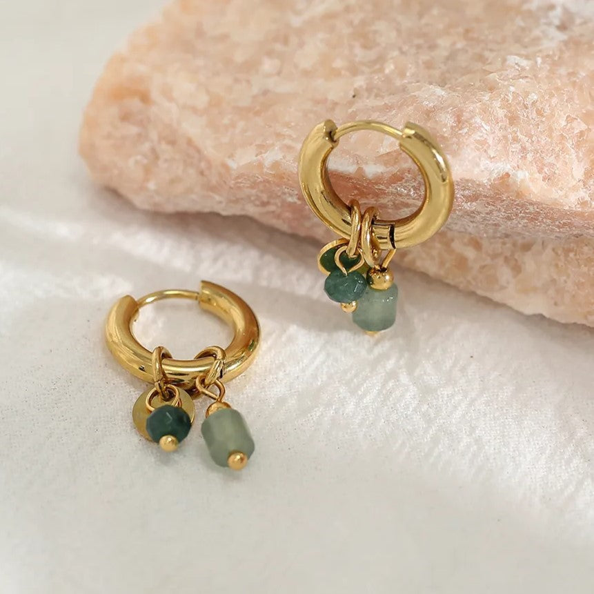 Boho chic women's gold hoop earrings featuring natural stone, an elegant and unique latch back design.