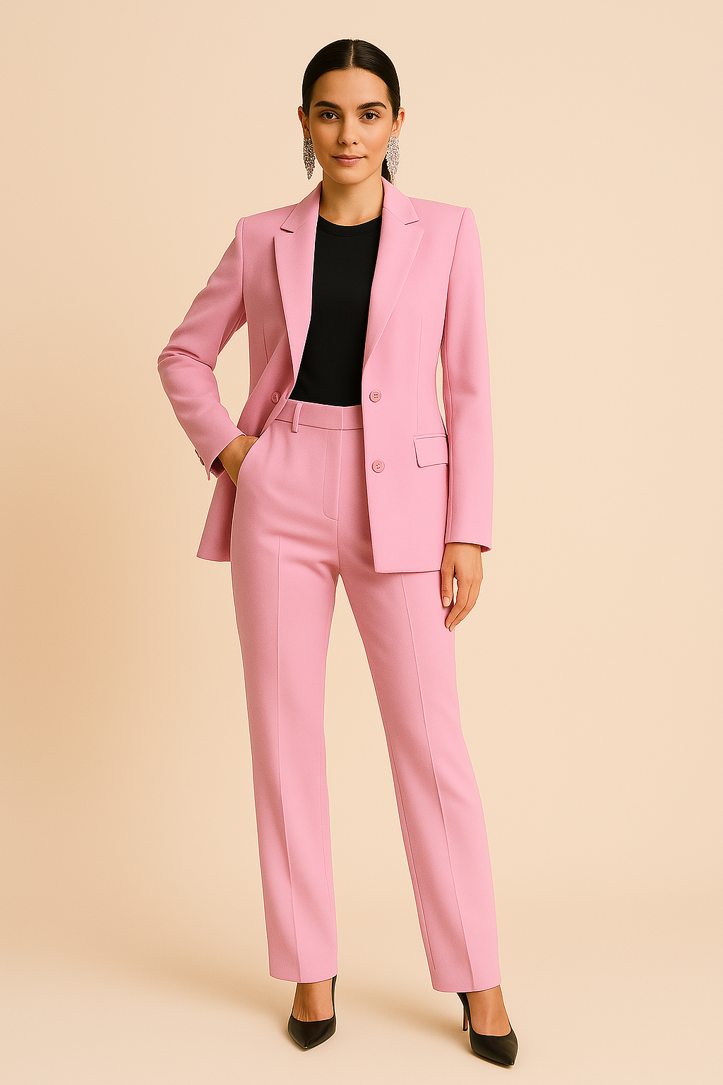 Elegant women's notch lapel blazer pants suit set, perfect for professional office wear & business meetings.