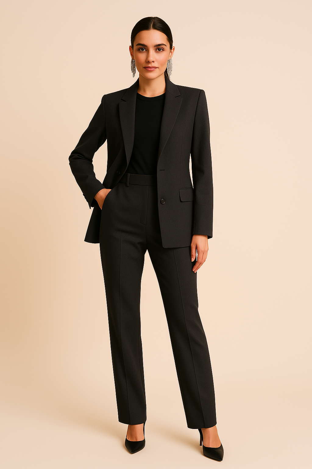 Tailored women's two-piece blazer and pants suit for professional business attire & sophisticated workwear.