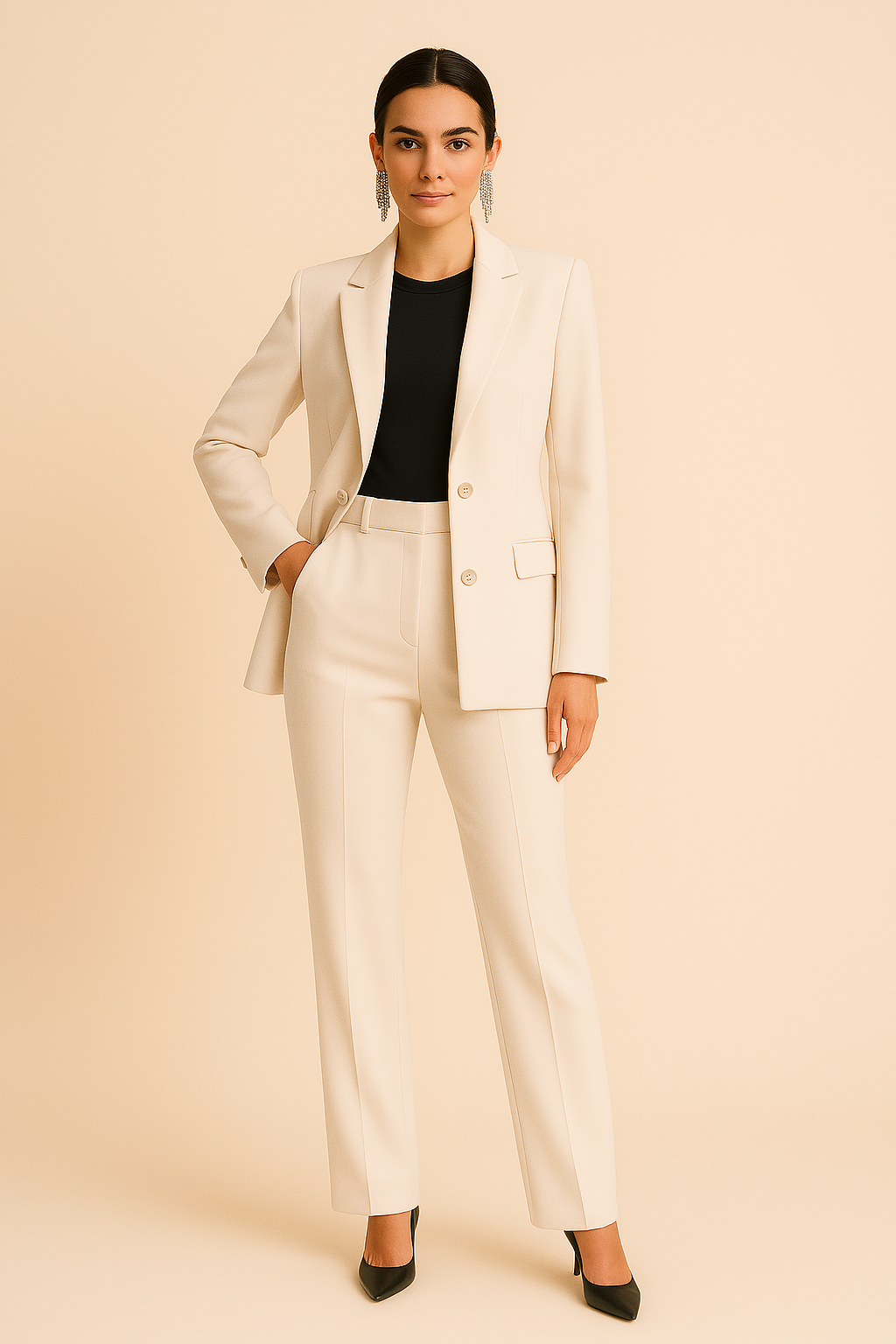 Chic women's notch lapel blazer pants suit. A modern, elegant two-piece set ideal for formal & office fashion.
