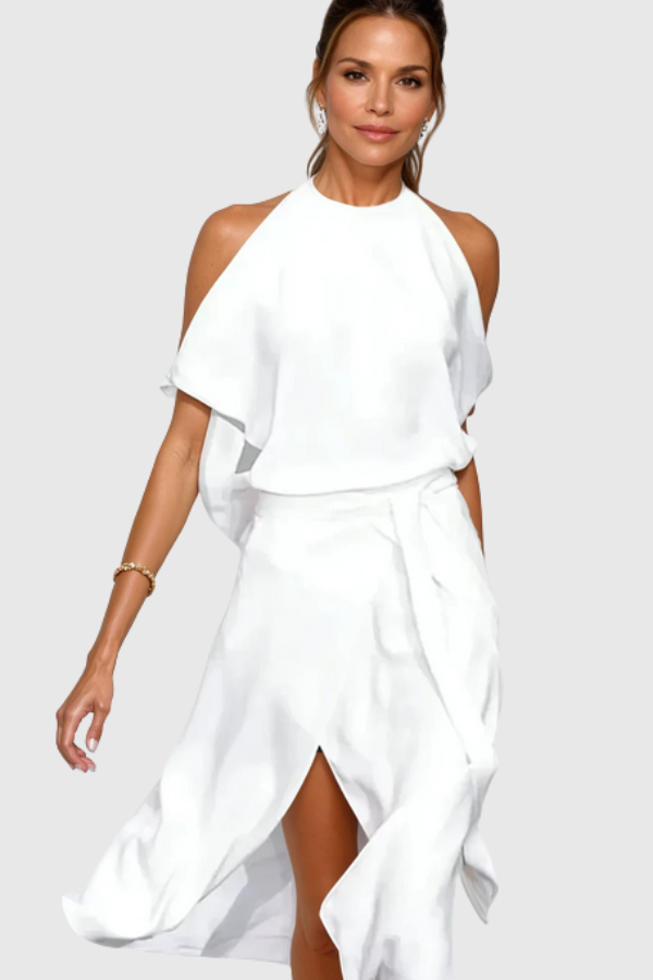 Elegant women's off-shoulder asymmetric midi dress. Perfect chic style for cocktail parties & summer evenings.