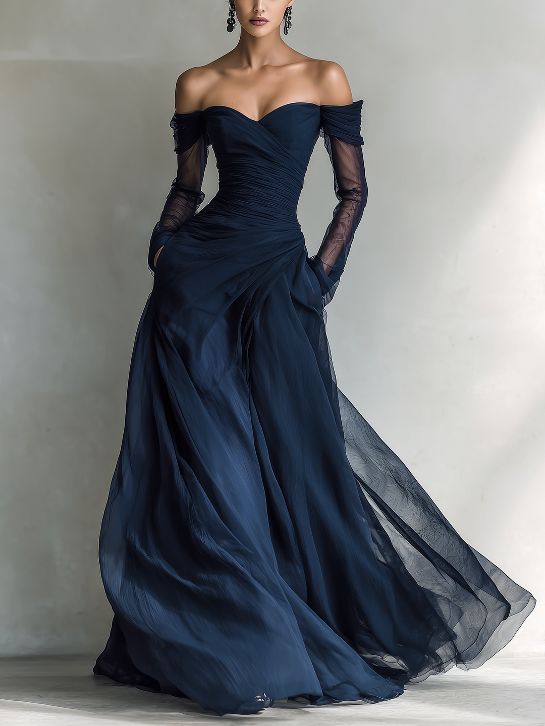 Elegant women's off-shoulder fitted maxi dress, perfect for evening wear or special occasions like a wedding.