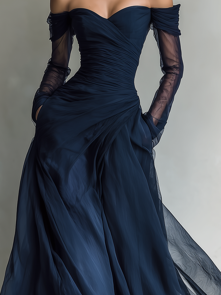 Women's elegant fitted off-shoulder maxi dress, a sophisticated formal gown suitable for special occasions.