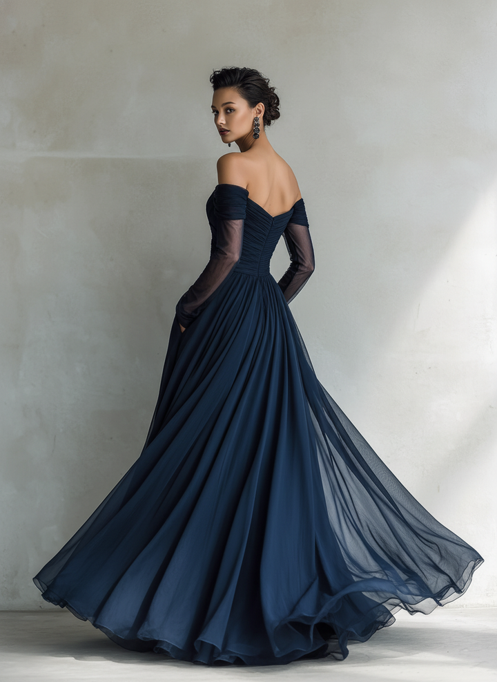 Beautiful women's off-shoulder fitted maxi dress, an elegant choice for evening wear or special events.