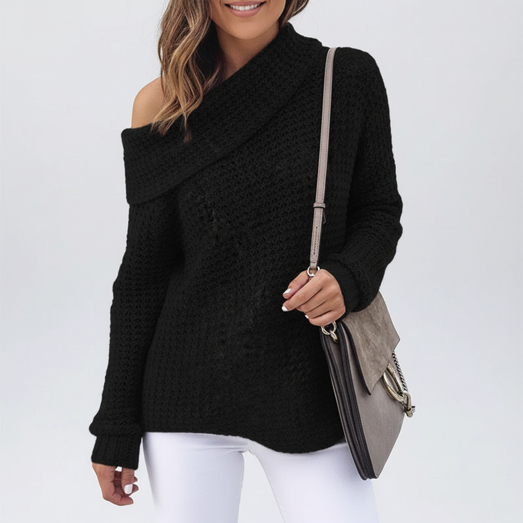Loose fit off-shoulder women's sweater, a chic and cozy knit top for casual wear, showcasing an elegant style.