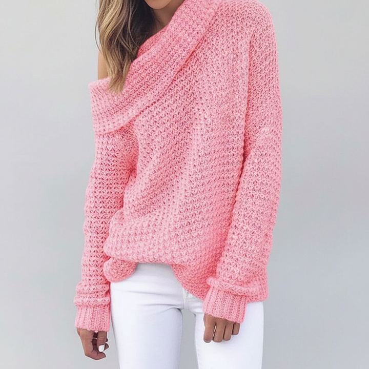 Stylish women's off-shoulder sweater for winter fashion, a versatile and cozy knit top with a casual chic vibe.
