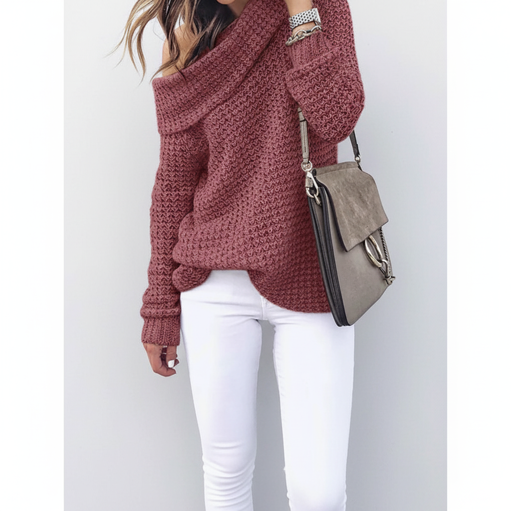 Beautiful white off-shoulder knit sweater, ideal for women seeking an elegant, comfortable, and warm autumn top.