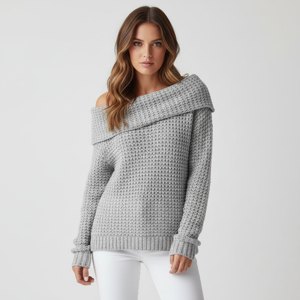 Details of an off-shoulder knit sweater for women, emphasizing its quality acrylic wool and fashionable design.