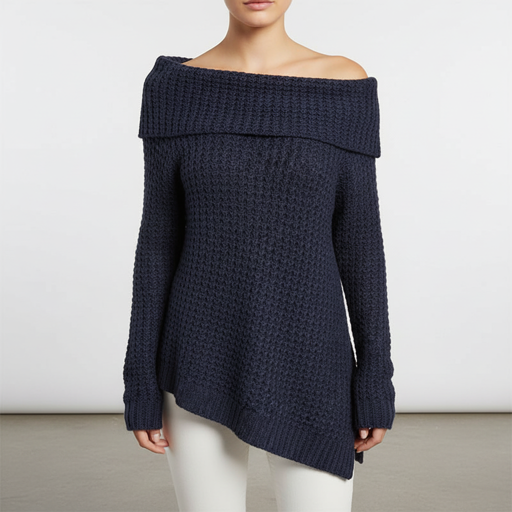 Elegant off-shoulder women's knit sweater, a must-have for winter fashion, offering both coziness and chic style.