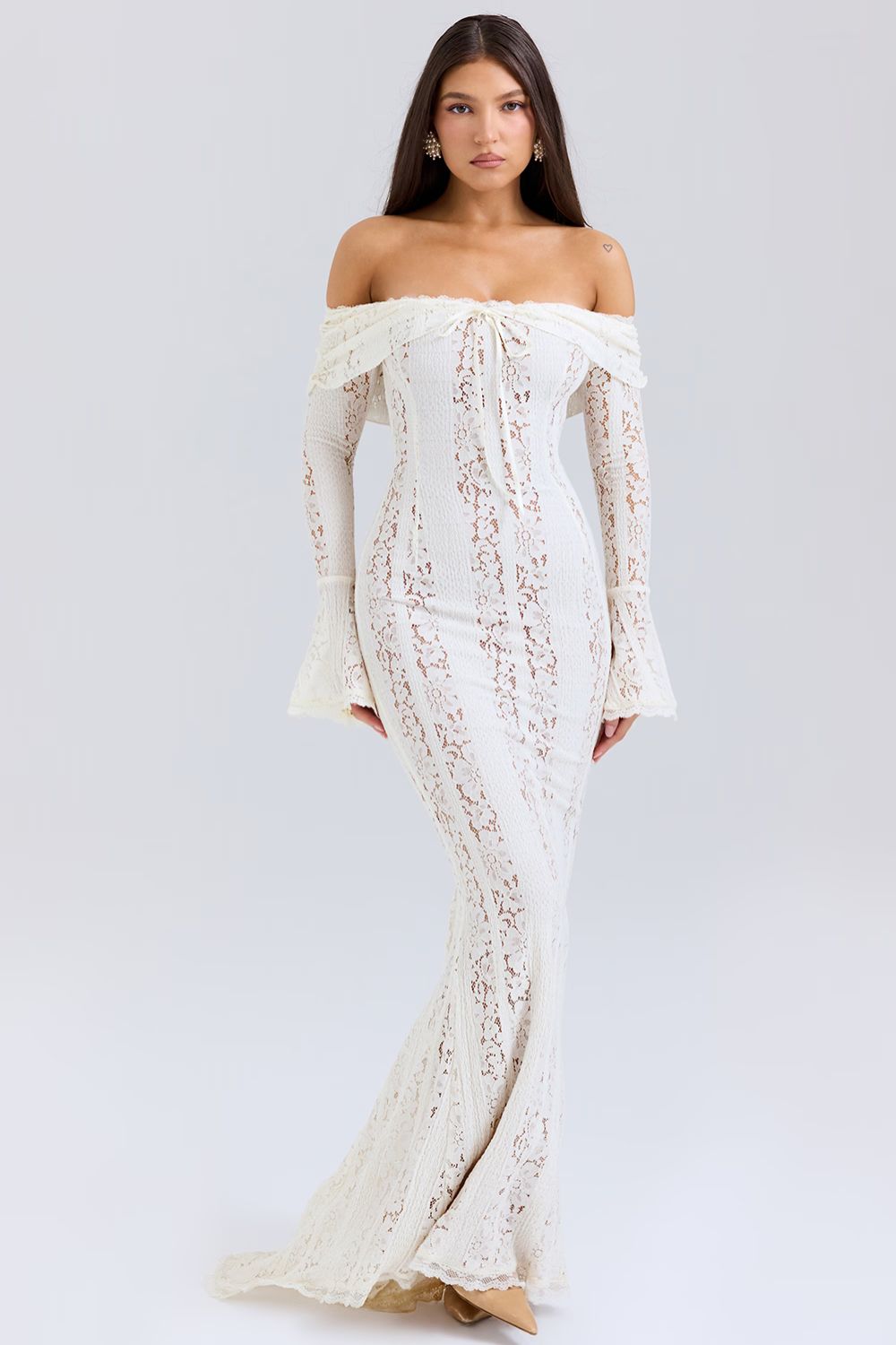 Close-up of intricate floral lace detail on a white off-shoulder summer maxi dress for women.