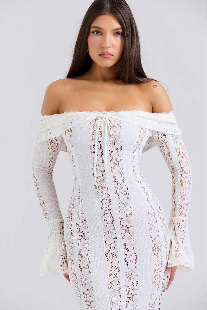 Beautiful white lace off-shoulder maxi dress, Alondra style, designed for romantic summer occasions.