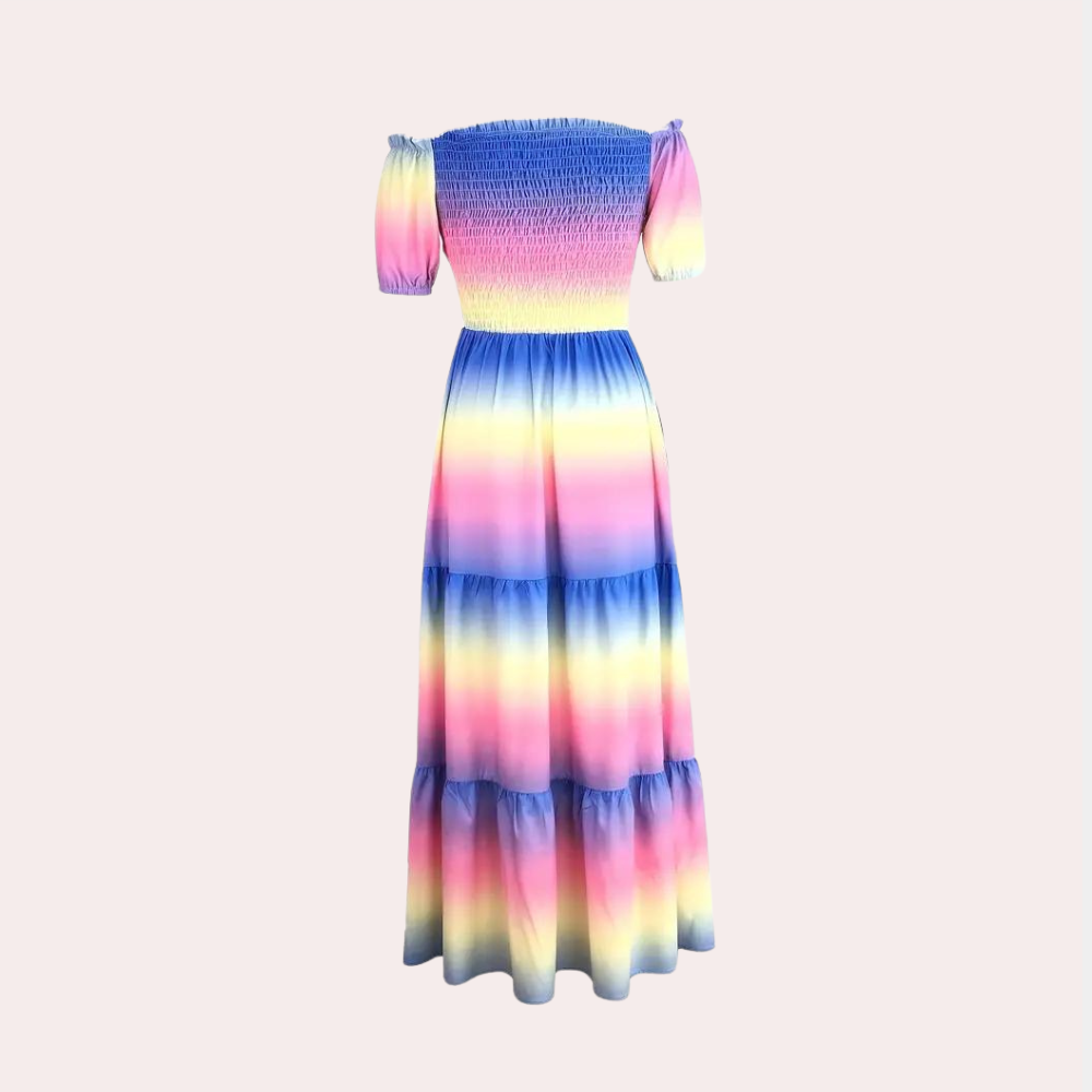 Stylish off-shoulder layered summer dress for women, featuring comfortable stretch fabric and a chic design.
