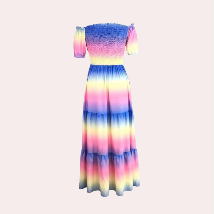 Stylish off-shoulder layered summer dress for women, featuring comfortable stretch fabric and a chic design.