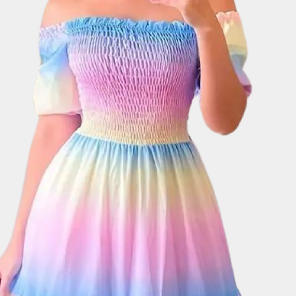 Day dress: women's elegant off-shoulder layered midi summer dress, ideal for warm weather and casual chic.