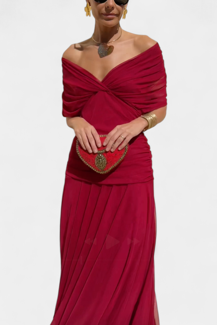 Draped women's maxi dress with off-shoulder design, ideal elegant formal wear for special events. Long and flattering.