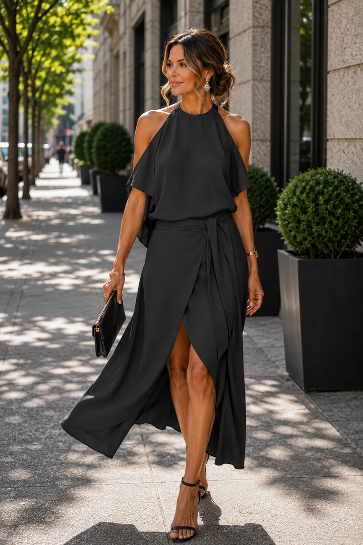 Fashionable women's off-shoulder midi dress with a unique asymmetrical hem, a flattering elegant party dress.