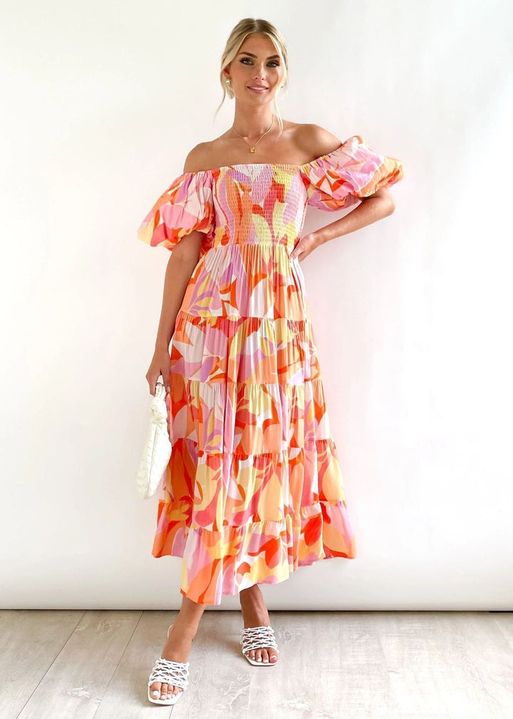Gorgeous women's off-shoulder midi dress with stylish ruffles, perfect elegant party or sophisticated summer wear.