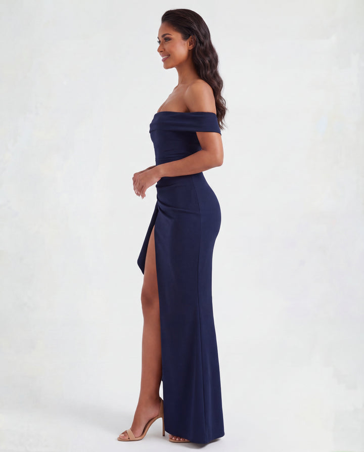 Beautiful women's maxi dress: off-shoulder, ruched details, bodycon fit, evening wear.