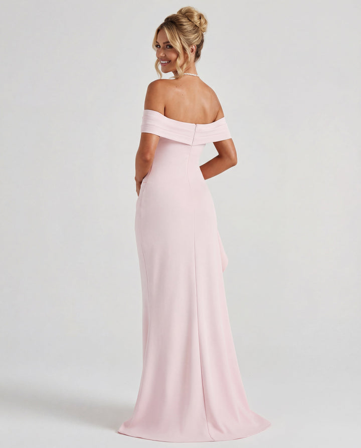 Women's formal off-shoulder maxi dress, ruched design for an elegant evening look.