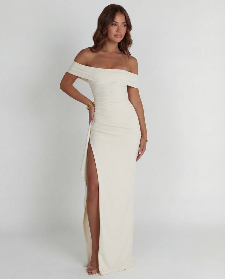 Elegant ruched bodycon maxi dress, off-shoulder design, perfect for women's parties.