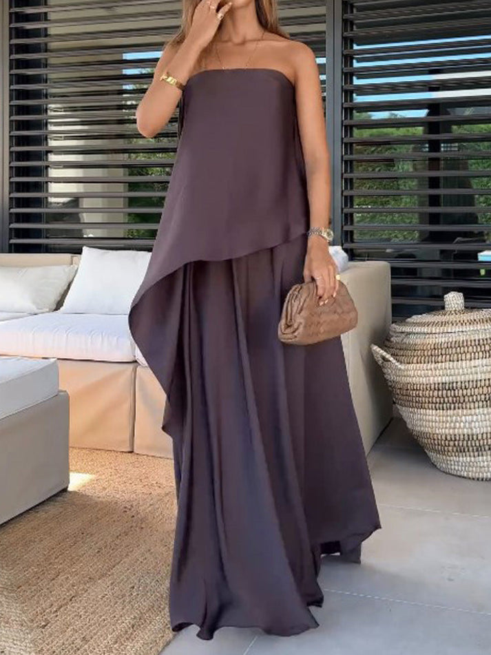 Elegant women's off-shoulder top & maxi skirt two-piece set, perfect for summer resort wear or casual chic.