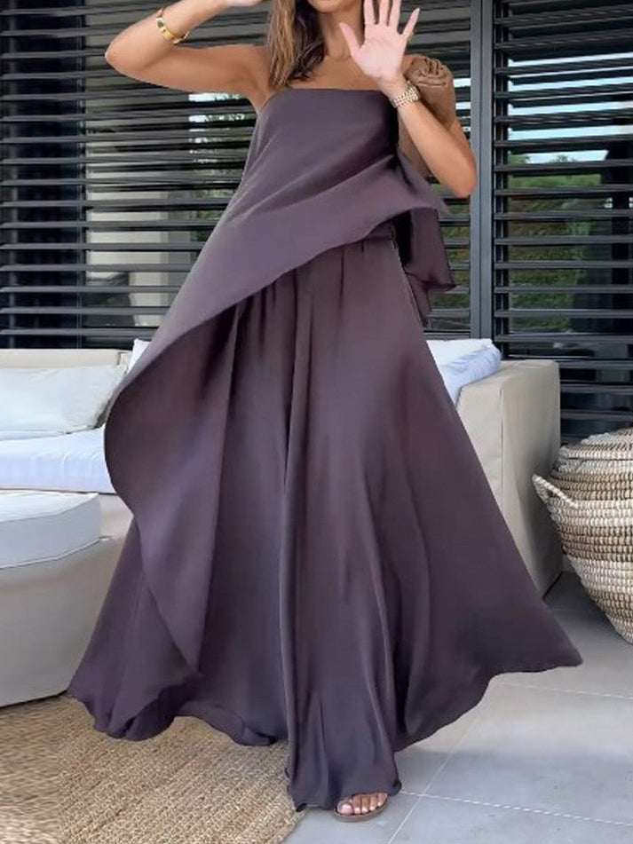 Stylish women's off-shoulder crop top paired with a flowing maxi skirt, a versatile two-piece outfit.