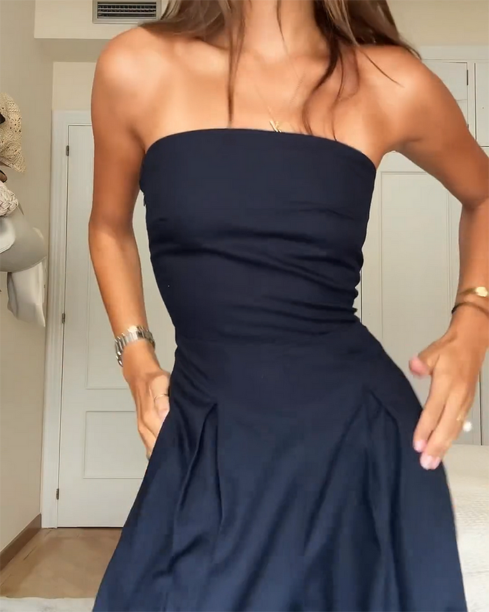 Comfortable Elina women's strapless wide-leg black jumpsuit, a stylish summer outfit.