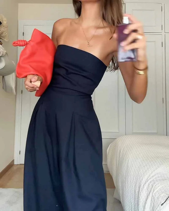 Women's black strapless wide-leg jumpsuit, a chic and comfortable bodysuit option.