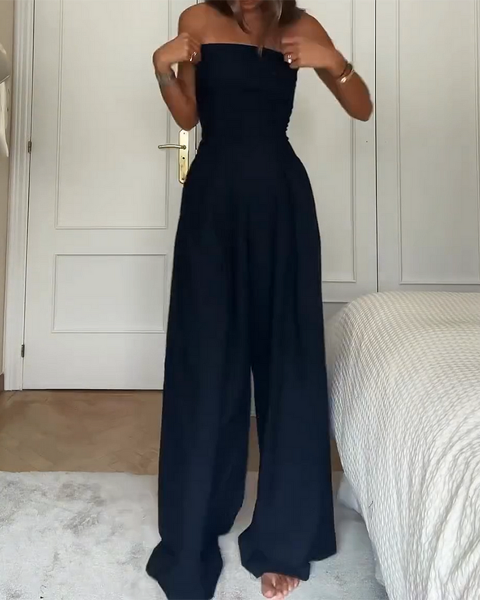 Stylish Elina women's jumpsuit, off-shoulder design with wide legs for a modern look.