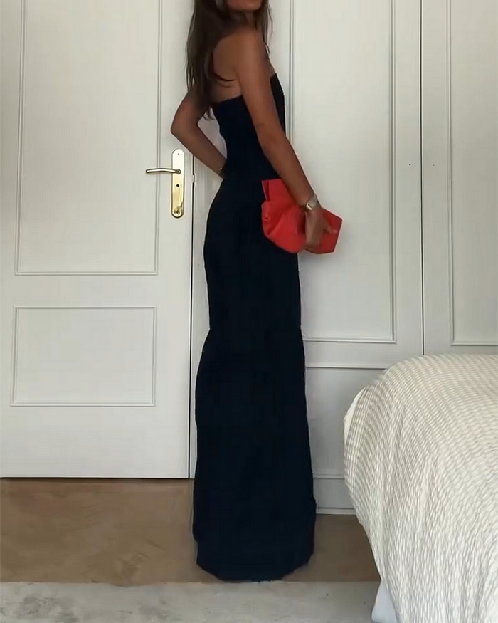 Black women's wide-leg jumpsuit, strapless top makes it ideal for evening party wear.