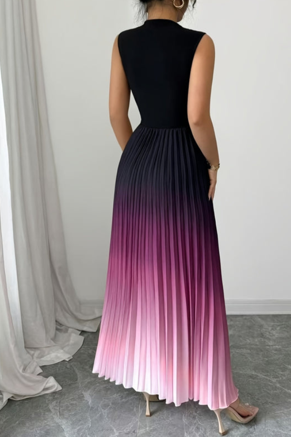 Beautiful women's ombre pleated maxi dress with a flattering halter neckline and sophisticated keyhole opening.