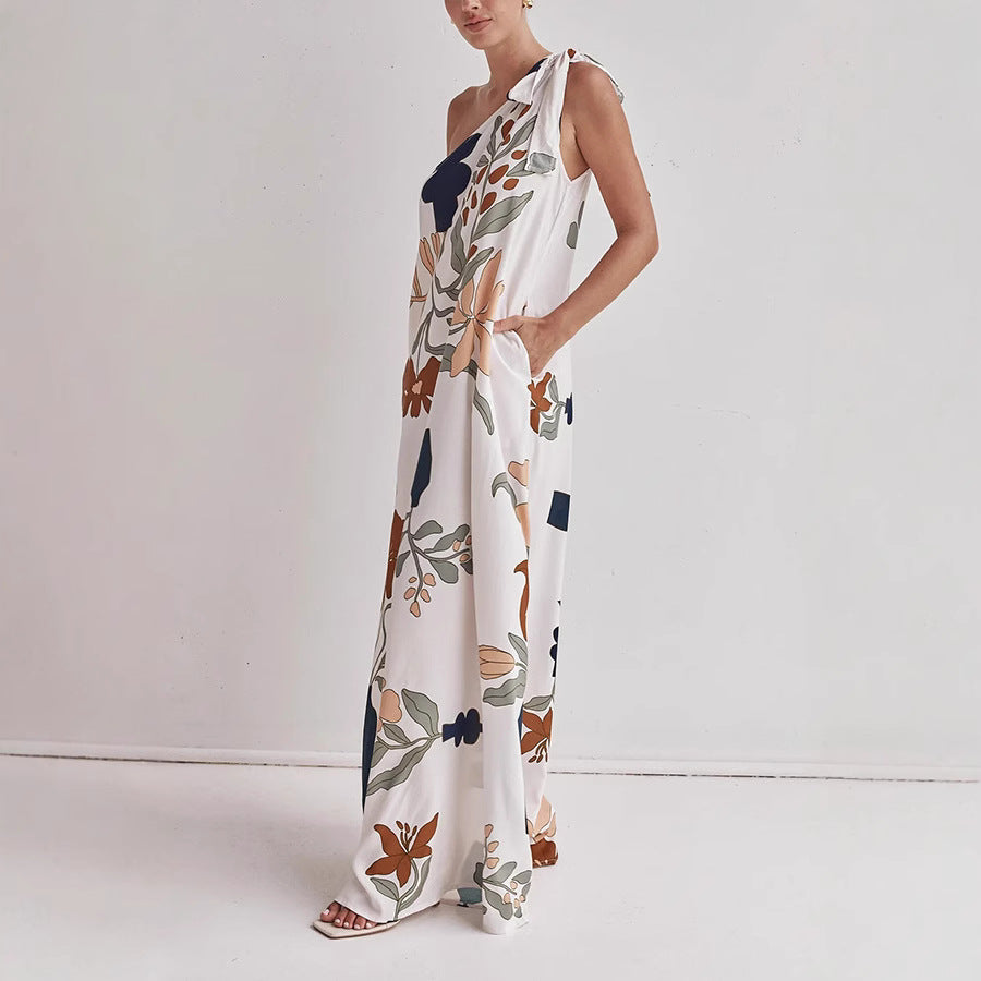 Comfortable one shoulder floral maxi dress for women, ideal for elegant summer outings and vacation fashion.